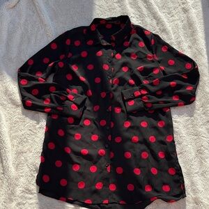 Suzy Shier Black Red Polka Dot Tunic Top Size M | Retro Y2K Button Down Blouse